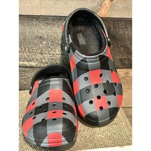 Crocs Fur Lined Plaid Checker Fleece Clog Grey Red Black Size W11 M9